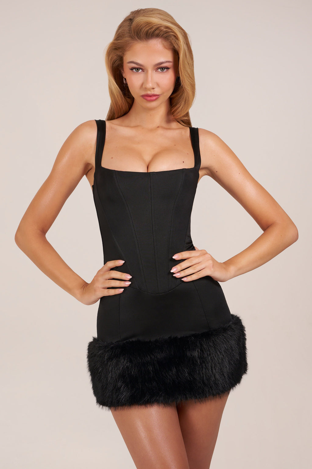 Chic Satin Square-Neck Corset Faux-Fur Mini Dress in Black