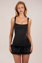 Chic Satin Square-Neck Corset Faux-Fur Mini Dress in Black