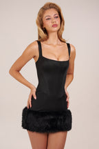 Chic Satin Square-Neck Corset Faux-Fur Mini Dress in Black