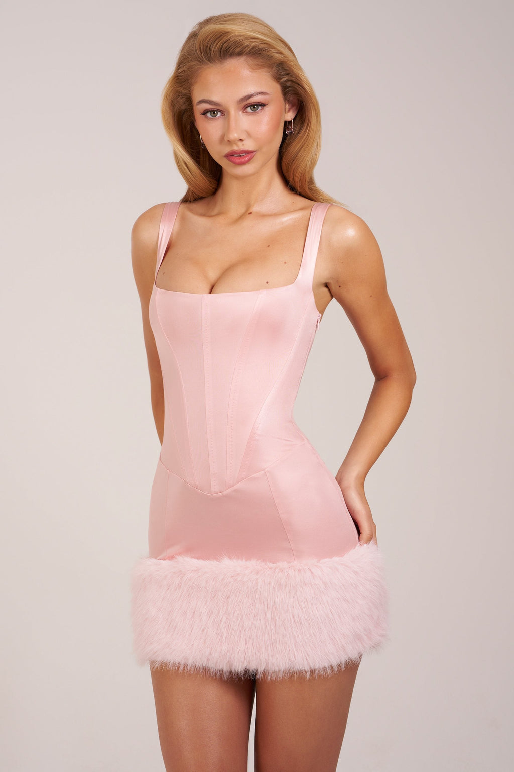 Chic Satin Square-Neck Corset Faux-Fur Mini Dress in Blush Pink
