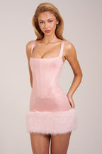 Chic Satin Square-Neck Corset Faux-Fur Mini Dress in Blush Pink