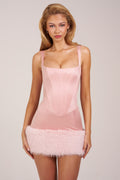Chic Satin Square-Neck Corset Faux-Fur Mini Dress in Blush Pink