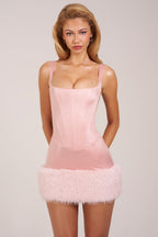 Chic Satin Square-Neck Corset Faux-Fur Mini Dress in Blush Pink