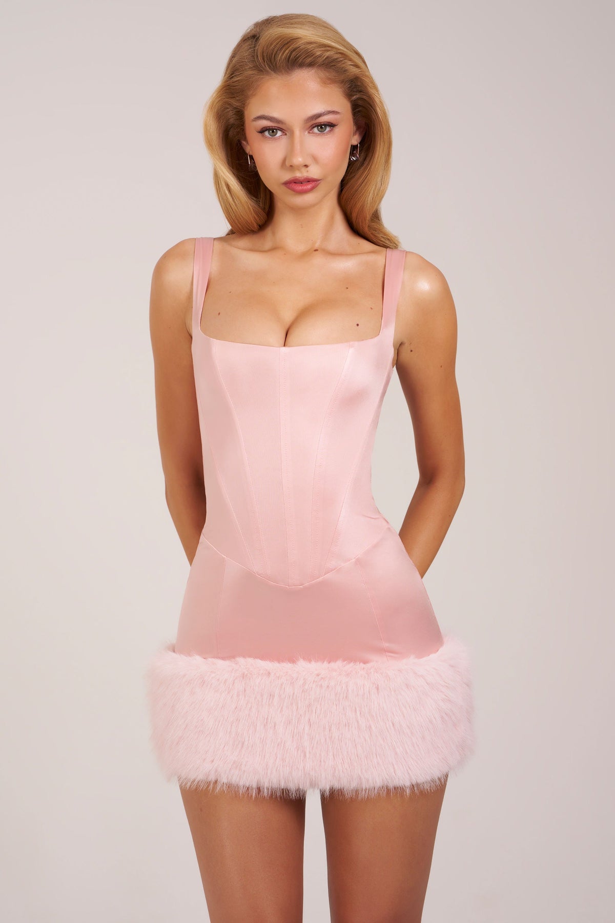 Chic Satin Square-Neck Corset Faux-Fur Mini Dress in Blush Pink