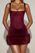Chic Satin Square-Neck Corset Faux-Fur Mini Dress in Wine Red