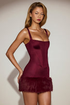 Chic Satin Square-Neck Corset Faux-Fur Mini Dress in Wine Red