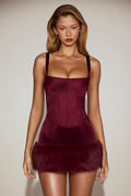Chic Satin Square-Neck Corset Faux-Fur Mini Dress in Wine Red