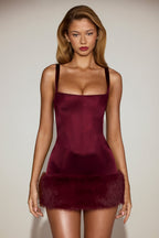 Chic Satin Square-Neck Corset Faux-Fur Mini Dress in Wine Red