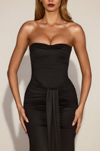 Chic Satin Peekaboo Bandeau Draped Gown in Black