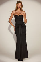 Chic Satin Peekaboo Bandeau Draped Gown in Black