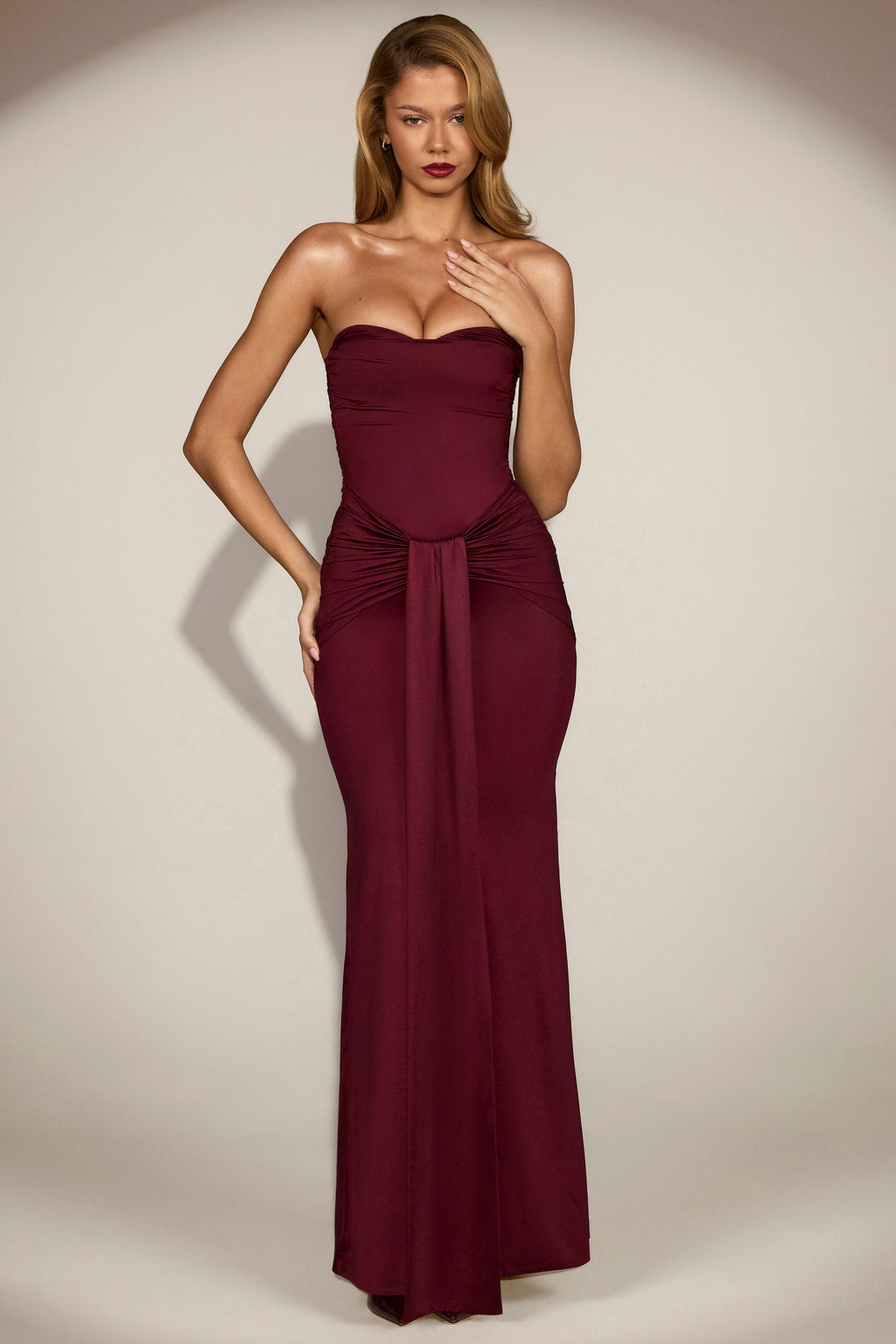 Chic Satin Peekaboo Bandeau Draped Gown in Wine Red