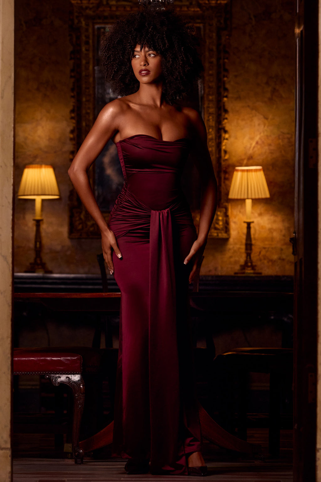 Chic Satin Peekaboo Bandeau Draped Gown in Wine Red
