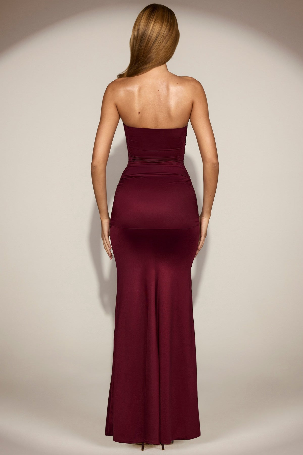 Chic Satin Peekaboo Bandeau Draped Gown in Wine Red