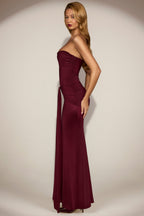 Chic Satin Peekaboo Bandeau Draped Gown in Wine Red