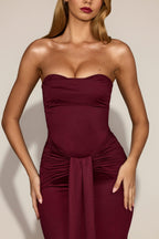 Chic Satin Peekaboo Bandeau Draped Gown in Wine Red