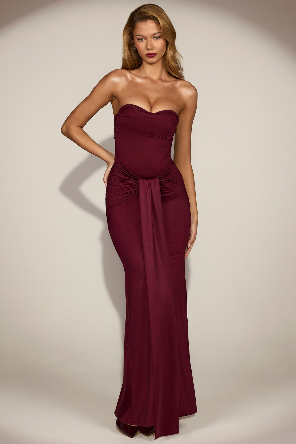 Chic Satin Peekaboo Bandeau Draped Gown in Wine Red