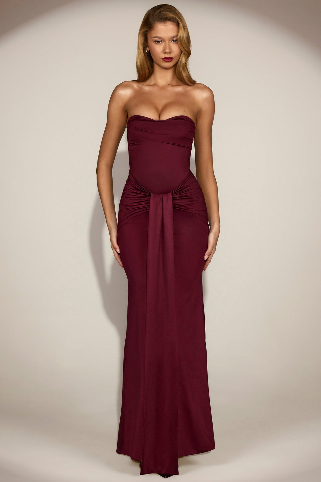 Chic Satin Peekaboo Bandeau Draped Gown in Wine Red
