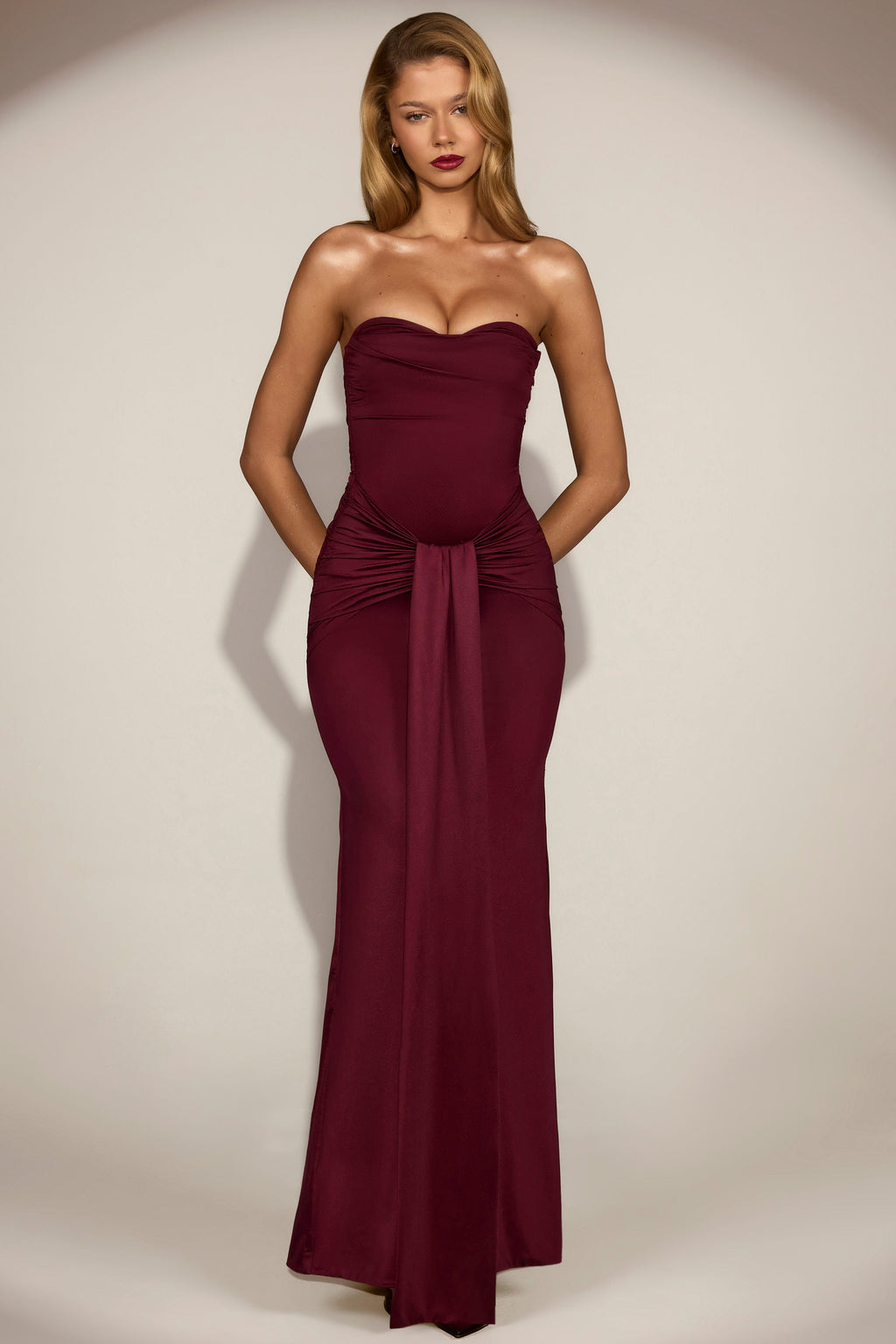 Chic Satin Peekaboo Bandeau Draped Gown in Wine Red