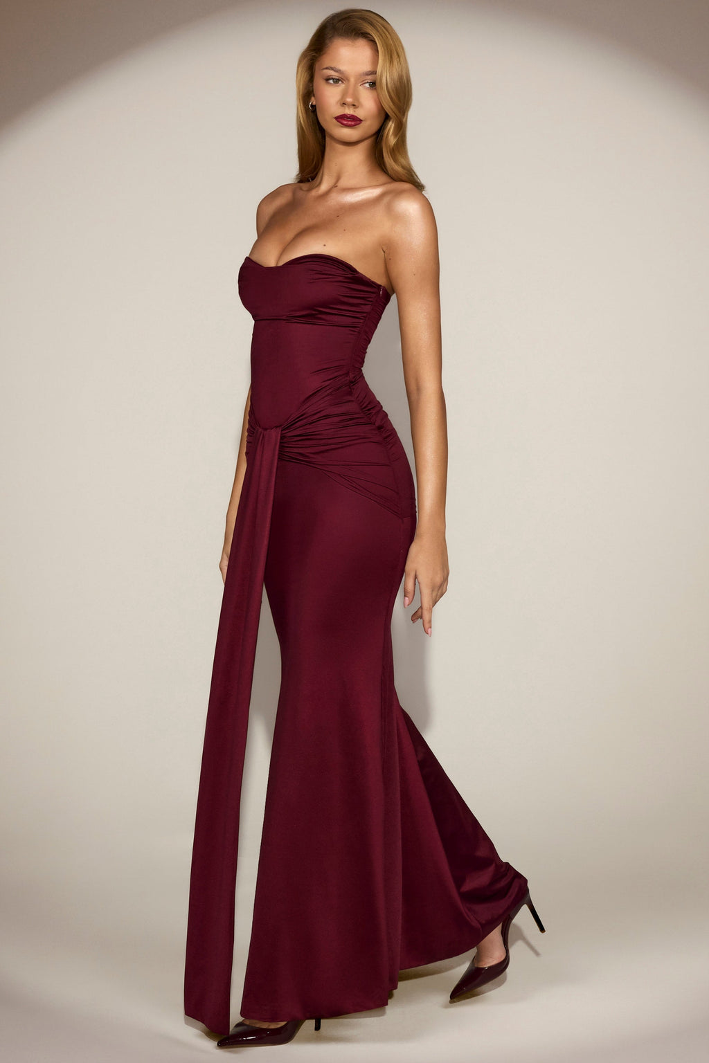 Chic Satin Peekaboo Bandeau Draped Gown in Wine Red