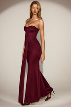 Chic Satin Peekaboo Bandeau Draped Gown in Wine Red