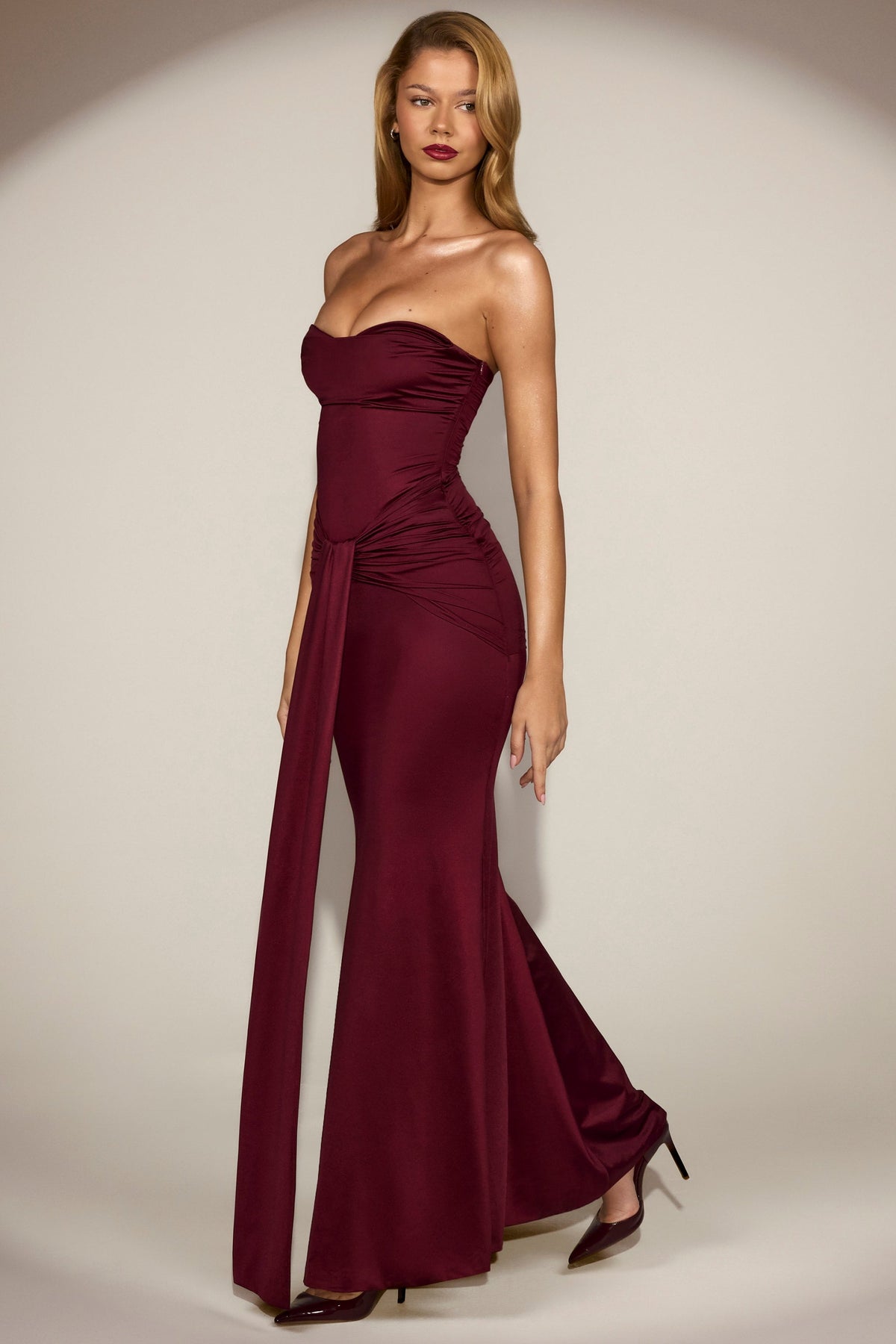 Chic Satin Peekaboo Bandeau Draped Gown in Wine Red