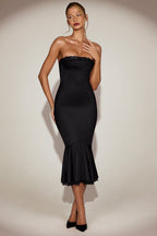 Chic Satin Lace-Trim Bandeau Fluted Midaxi Dress in Black