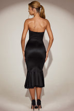 Chic Satin Lace-Trim Bandeau Fluted Midaxi Dress in Black
