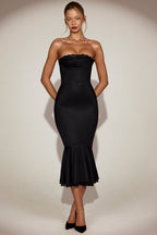 Chic Satin Lace-Trim Bandeau Fluted Midaxi Dress in Black