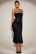 Chic Satin Lace-Trim Bandeau Fluted Midaxi Dress in Black