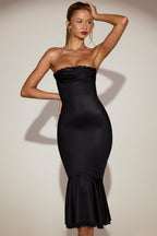 Chic Satin Lace-Trim Bandeau Fluted Midaxi Dress in Black
