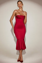 Chic Satin Lace-Trim Bandeau Fluted Midaxi Dress in True Red