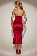 Chic Satin Lace-Trim Bandeau Fluted Midaxi Dress in True Red