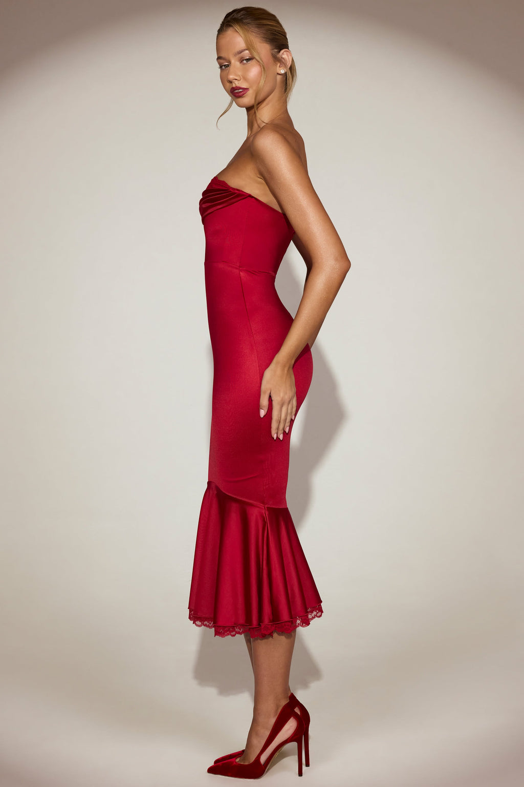 Chic Satin Lace-Trim Bandeau Fluted Midaxi Dress in True Red