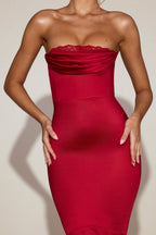 Chic Satin Lace-Trim Bandeau Fluted Midaxi Dress in True Red