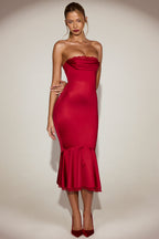 Chic Satin Lace-Trim Bandeau Fluted Midaxi Dress in True Red