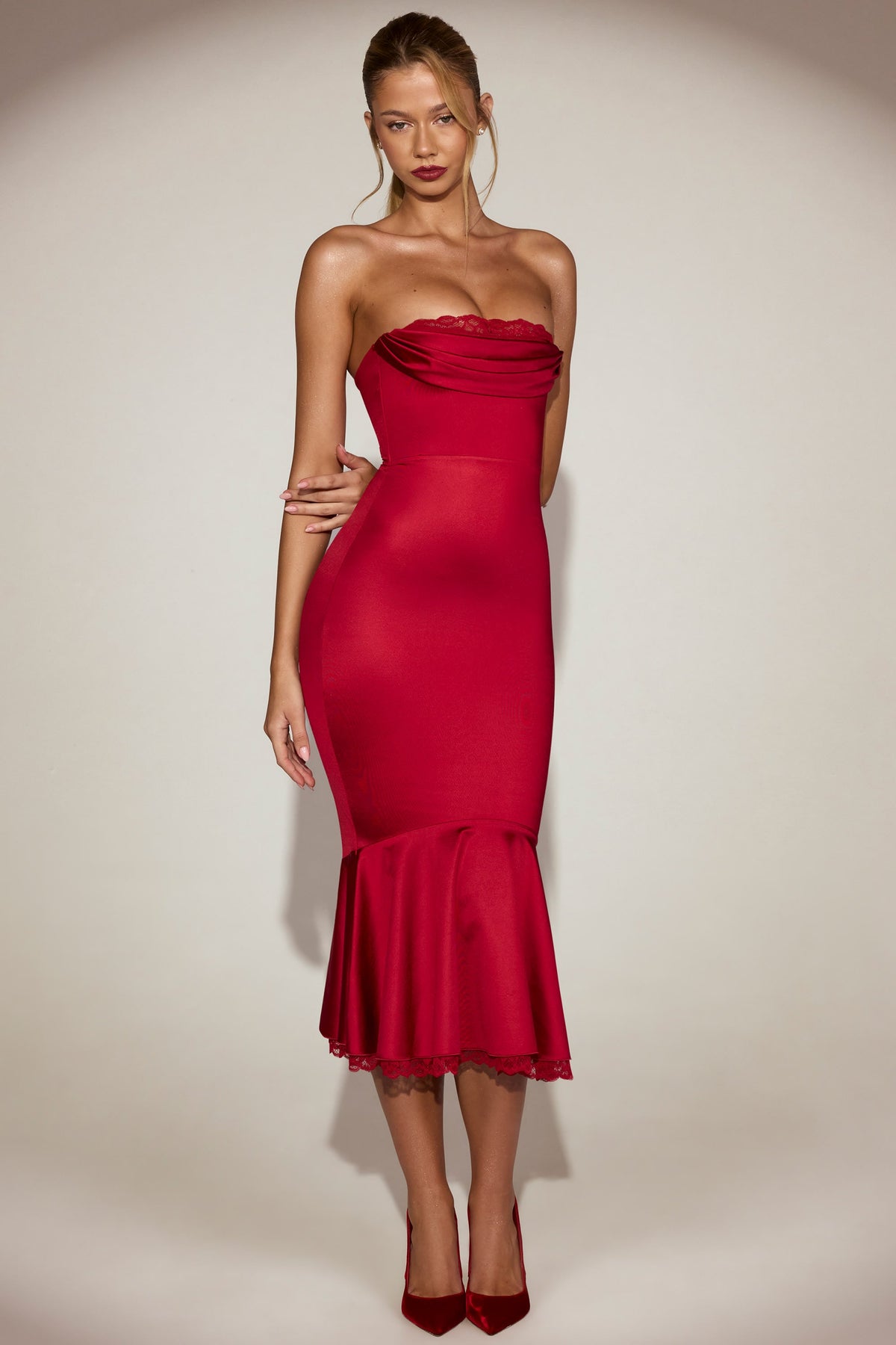Chic Satin Lace-Trim Bandeau Fluted Midaxi Dress in True Red