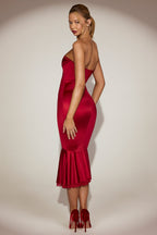 Chic Satin Lace-Trim Bandeau Fluted Midaxi Dress in True Red