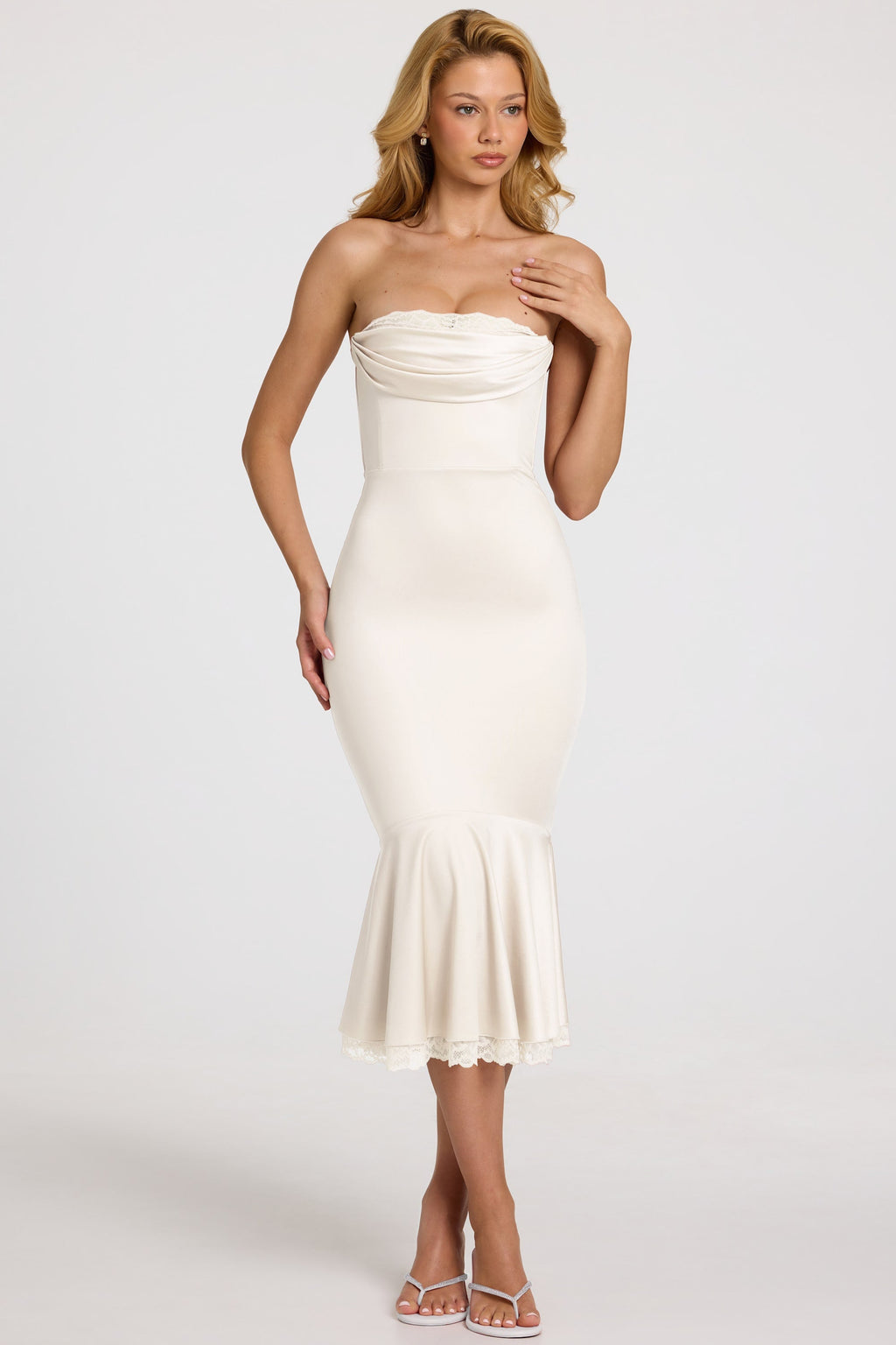 Chic Satin Lace-Trim Bandeau Fluted Midaxi Dress in White