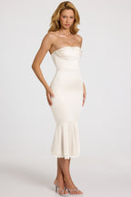 Chic Satin Lace-Trim Bandeau Fluted Midaxi Dress in White