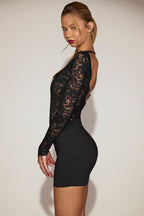 Chic Sheer Lace Boat-Neck Mini Dress in Black