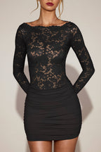 Chic Sheer Lace Boat-Neck Mini Dress in Black
