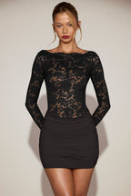 Chic Sheer Lace Boat-Neck Mini Dress in Black