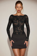 Chic Sheer Lace Boat-Neck Mini Dress in Black