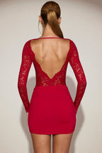 Chic Sheer Lace Boat-Neck Mini Dress in True Red