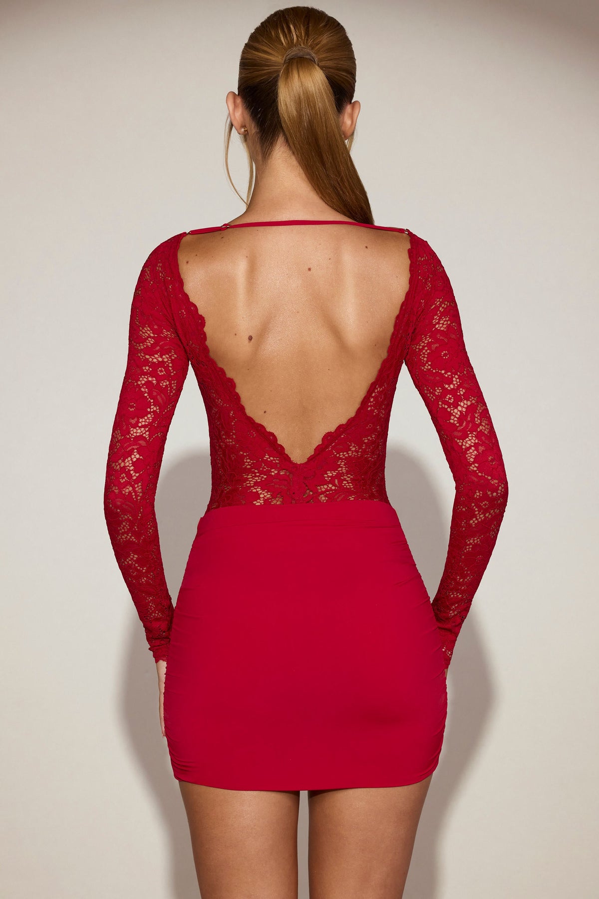 Chic Sheer Lace Boat-Neck Mini Dress in True Red