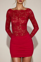 Chic Sheer Lace Boat-Neck Mini Dress in True Red