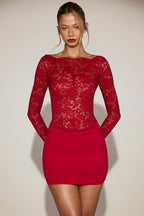 Chic Sheer Lace Boat-Neck Mini Dress in True Red