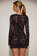 Chic Scalloped-Lace Long-Sleeve Mini Dress in Black