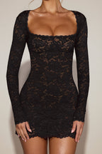 Chic Scalloped-Lace Long-Sleeve Mini Dress in Black