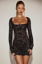Chic Scalloped-Lace Long-Sleeve Mini Dress in Black